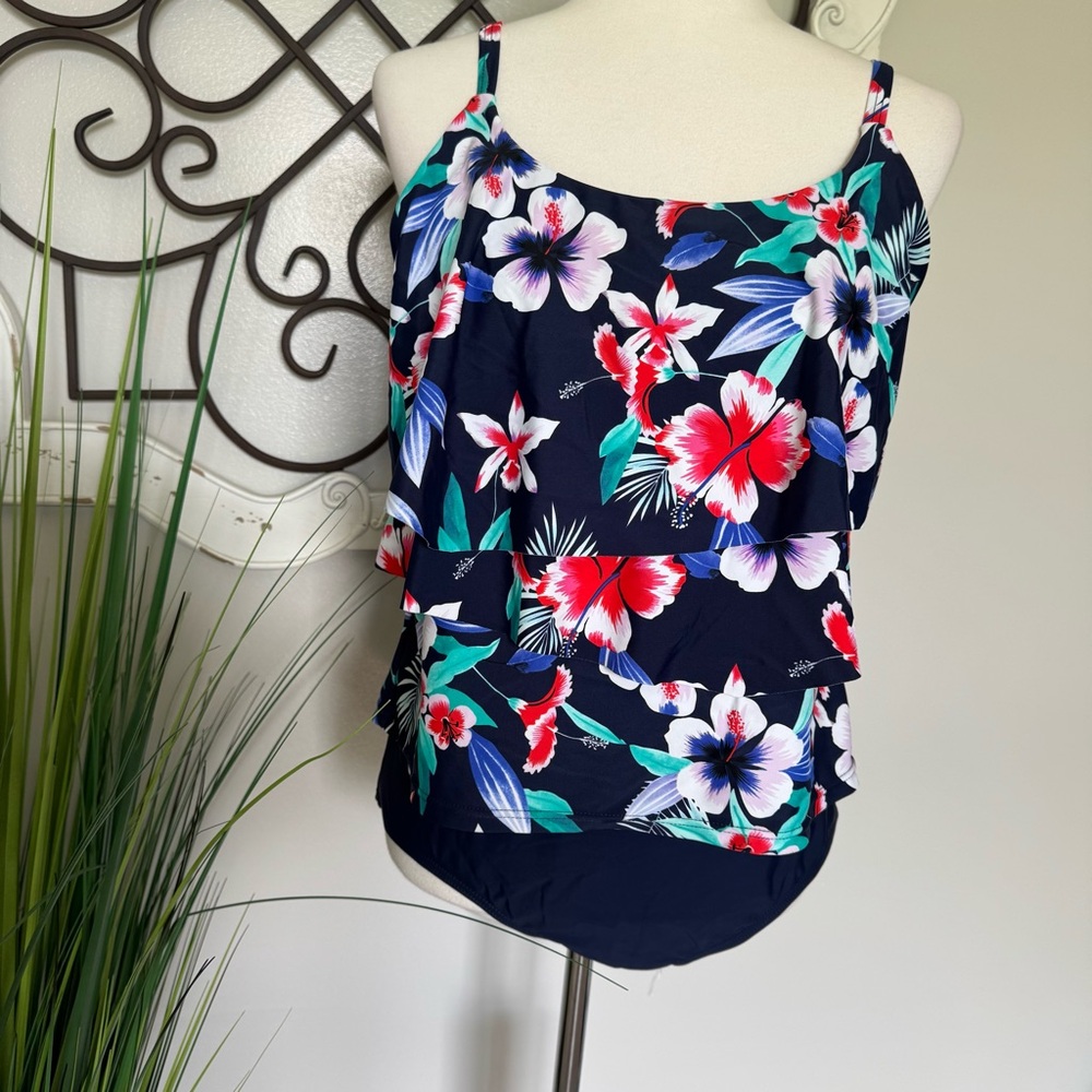 BYRON BLUE Size 14 Blue Floral Tiered Underwire One Piece Swimsuit